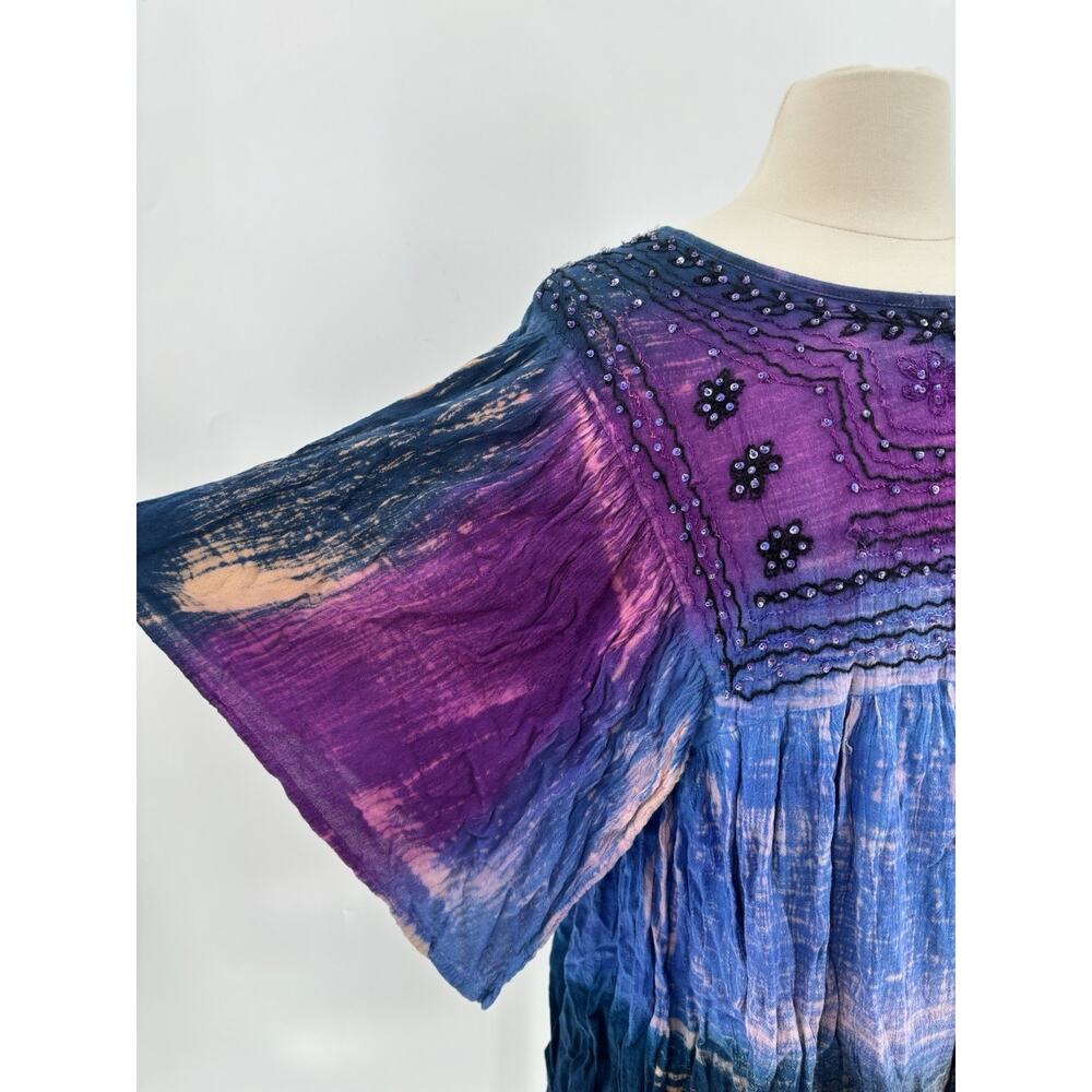 Greater Good Blouse Womens Large/XL Blue Purple Bohemian Beaded Sequins Tie Dye - Picture 4 of 16
